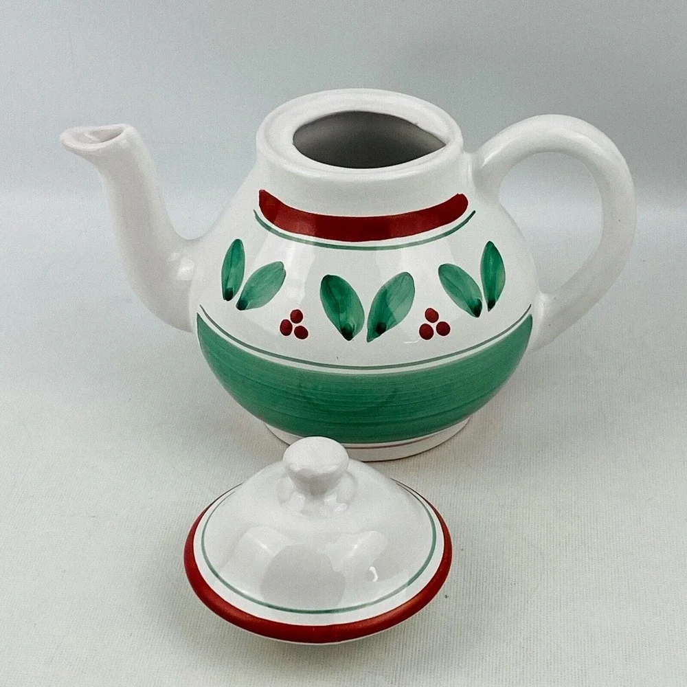 Caleca Teapot Red Berries Trim Green Leaves Band Stripe White Hand Painted Italy